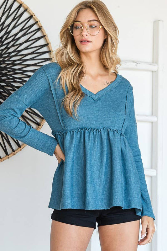 THERMAL VNECK BABYDOLL TOP TEAL BLUE