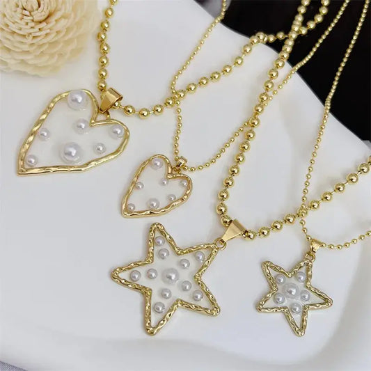 Beaded Necklace with Heart or Star Pendant with Pearls: Large Heart