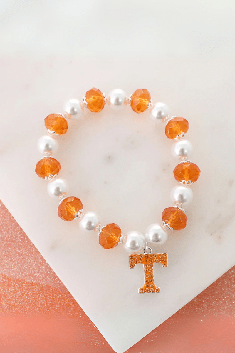 Pearl and Colored Faceted Alternating Beaded Bracelet with Crystal Studded Power T: ORANGE-WHITE / BT-SJ-CUTBC3