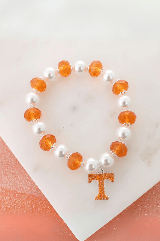 Pearl and Colored Faceted Alternating Beaded Bracelet with Crystal Studded Power T: ORANGE-WHITE / BT-SJ-CUTBC3