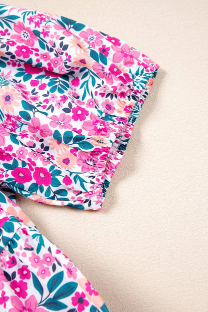 Pink Plus Size Floral Half Button Short Puff Sleeve A-line Dress: Pink / 100%Polyester