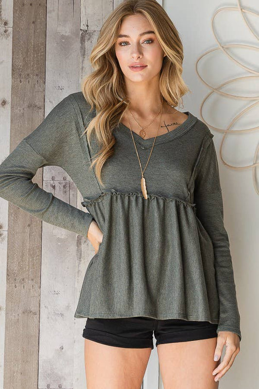THERMAL VNECK BABYDOLL TOP OLIVE
