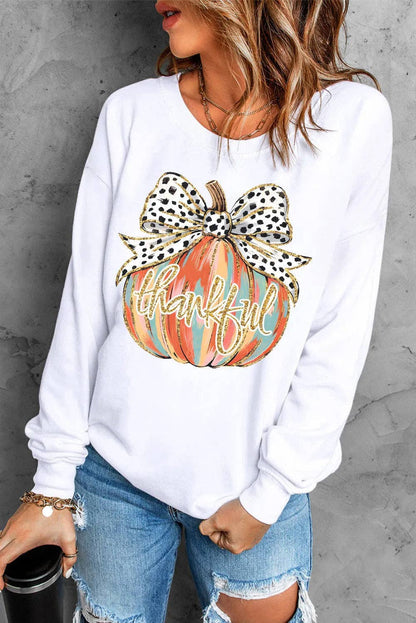 Beige Polka Dot Bow Knot Pumpkin Print Thanksgiving Sweatshirt: Beige / 50%Polyester+50%Cotton