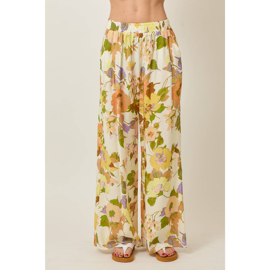 Floral Wide-Leg Pants with Elastic Waistband & Pockets: Cream combo
