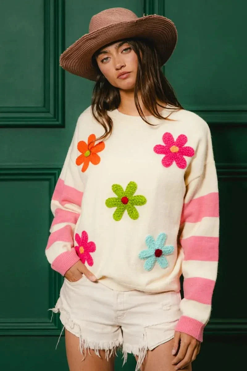 BiBi Colorful Floral Patched Sweater With Striped Sleeves