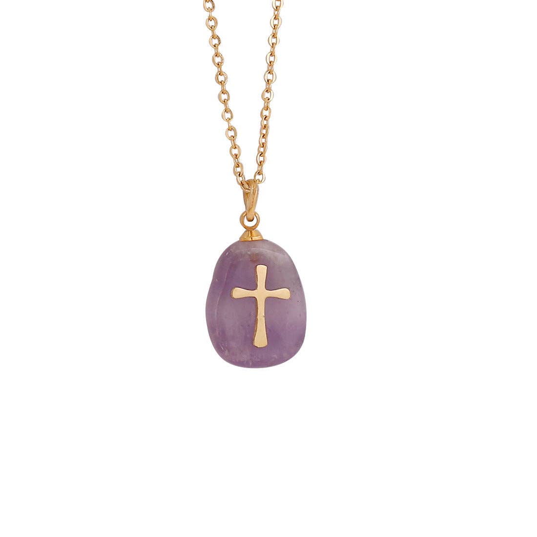 Natural Stone Stainless Steel Cross Pendant Necklace - CS: 1# Purple
