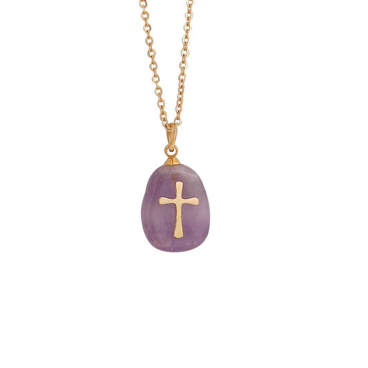 Natural Stone Stainless Steel Cross Pendant Necklace - CS: 1# Purple