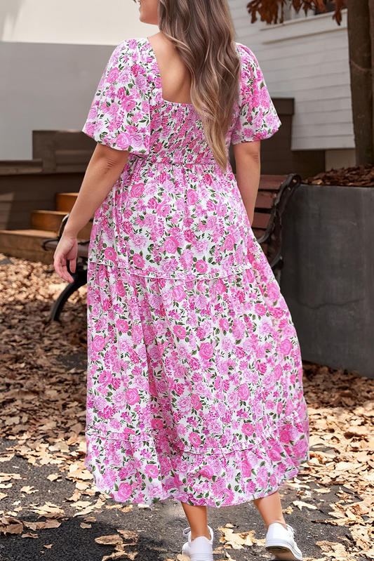 Plus Size Floral Smocked Puff Sleeve Long Curvy Dress: Multi-Colored / Plus Size