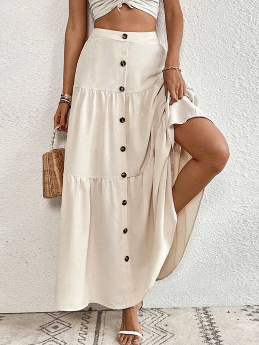Loose Buttoned Pleated Split-Joint Skirts Bottoms: APRICOT