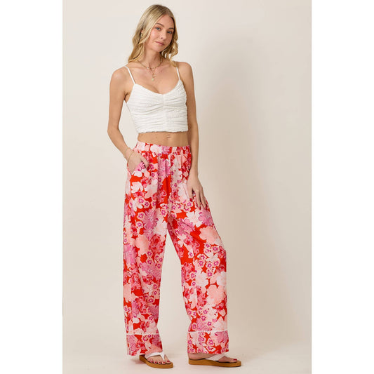 Skylar Rose Sunset Bloom Wide Leg Pants Elastic Waistband: RED COMBO