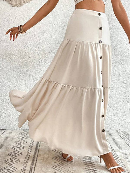 Loose Buttoned Pleated Split-Joint Skirts Bottoms: APRICOT