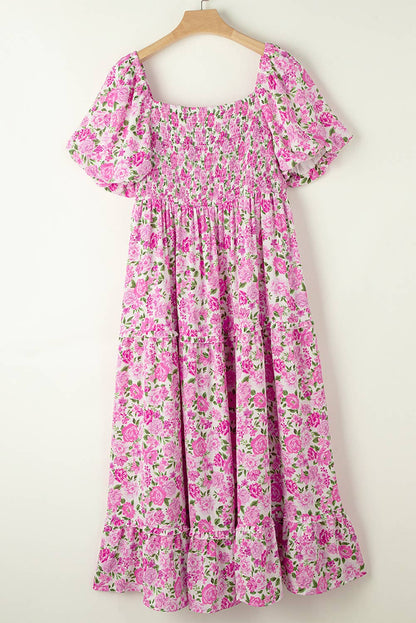 Plus Size Floral Smocked Puff Sleeve Long Curvy Dress: Multi-Colored / Plus Size