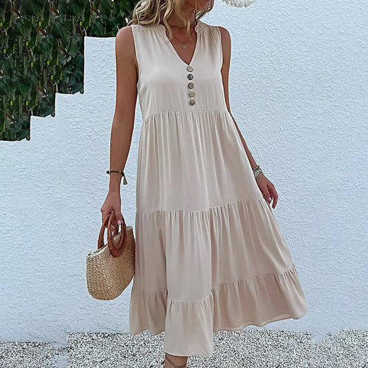 SLEEVELESS LOOSE CASUAL SOLID COLOR DRESS_CWDSD2822: APRICOT