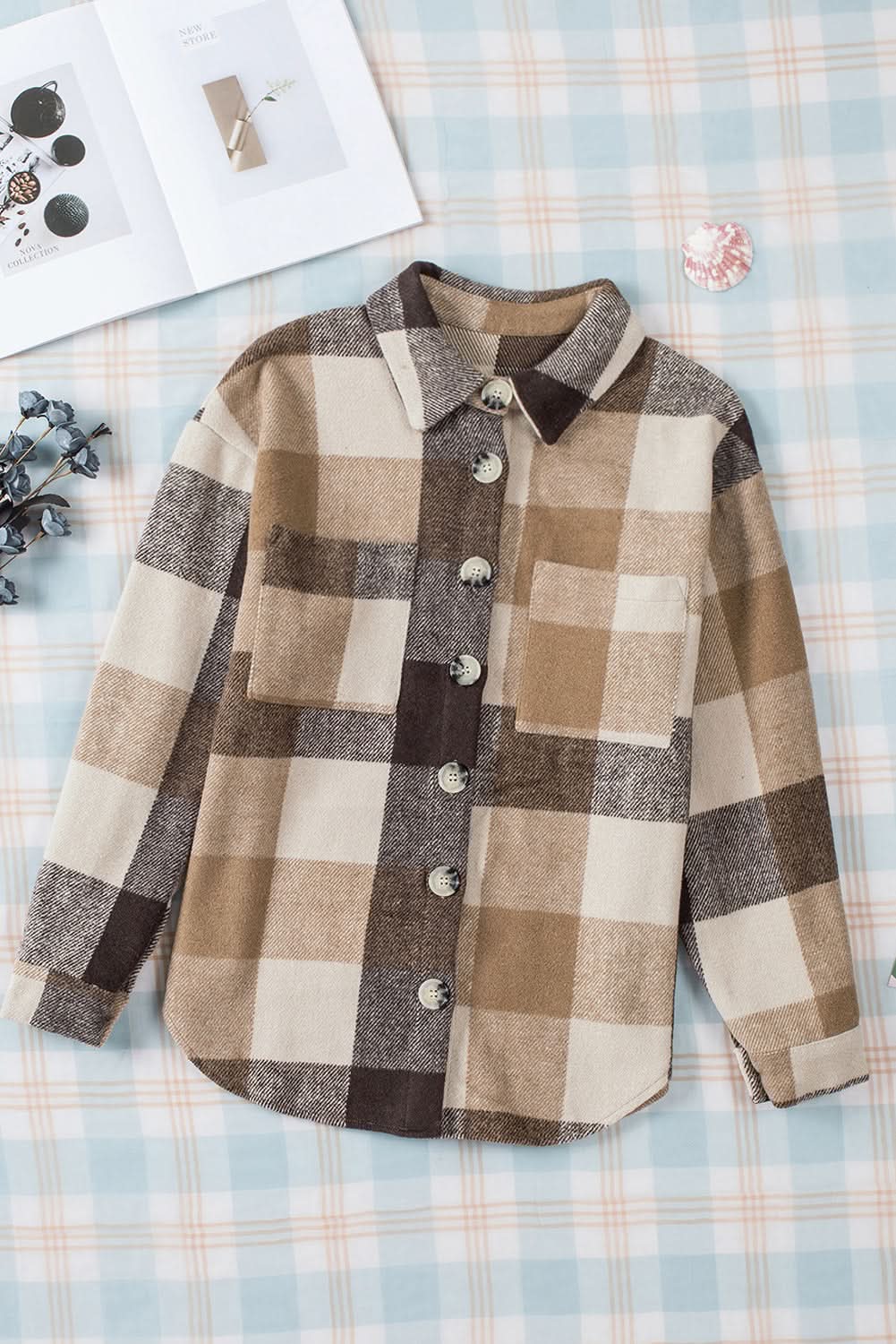 Khaki Plaid Color Block Shacket With Buttoned Pockets