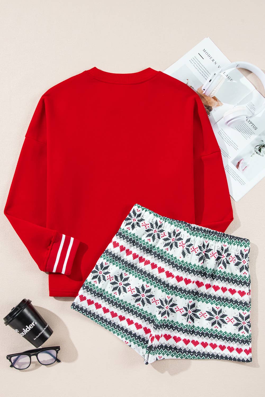 SLEIGH Print Long Sleeve and Wide Leg Shorts Lounge Set: Red / Missy