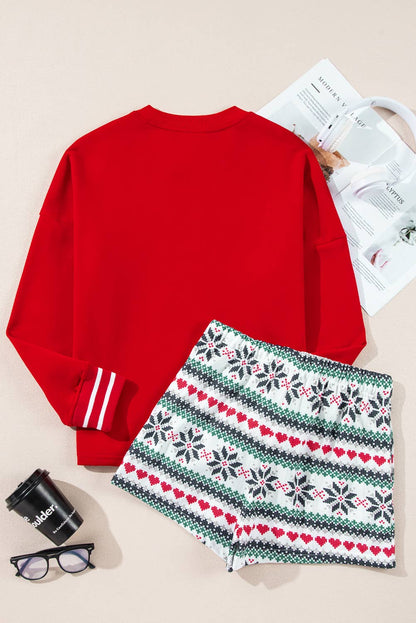 SLEIGH Print Long Sleeve and Wide Leg Shorts Lounge Set: Red / Missy
