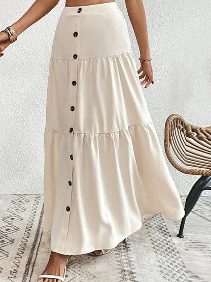 Loose Buttoned Pleated Split-Joint Skirts Bottoms: APRICOT
