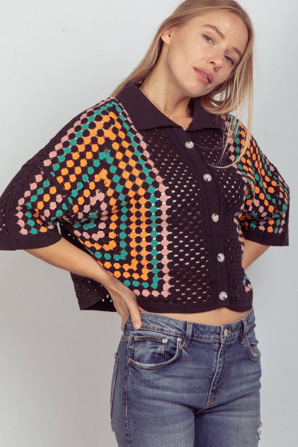 Relaxed Fit Multi Color Crochet Knit Top: Black