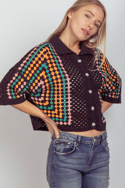 Relaxed Fit Multi Color Crochet Knit Top: Black