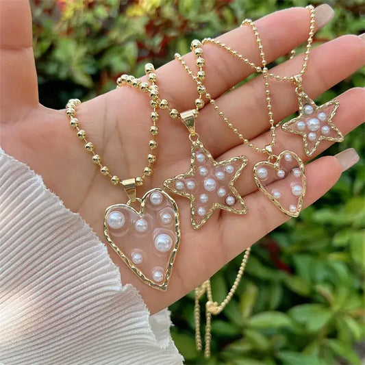 Beaded Necklace with Heart or Star Pendant with Pearls: Large Heart