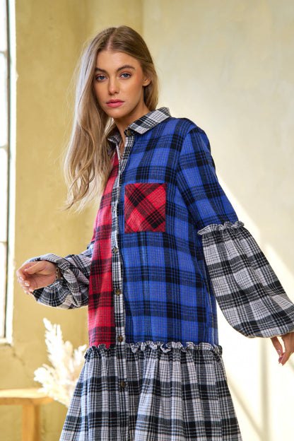 WAIST RUFFLE SKIRT BALLOON LONG SLEEVE SHIRT DRESS: BLACK/WHITE MULTI