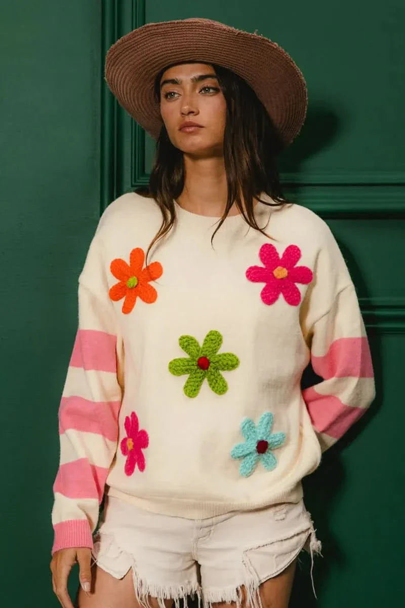 BiBi Colorful Floral Patched Sweater With Striped Sleeves