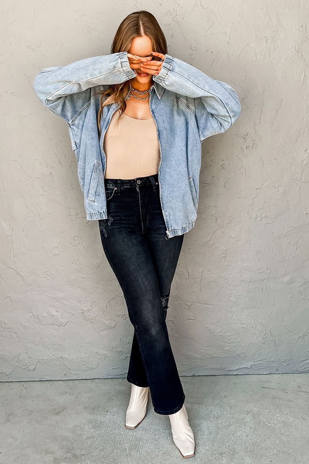 Myosotis Denim Jacket Zip Up With Elastic Hem Raglan Sleeves