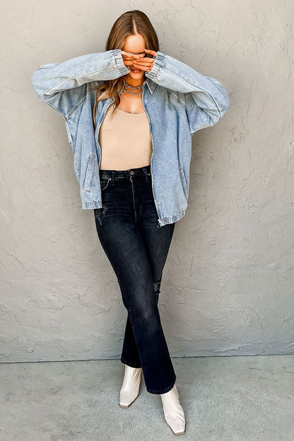 Myosotis Denim Jacket Zip Up With Elastic Hem Raglan Sleeves