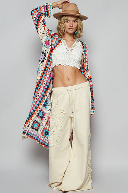 Long sleeve various colors crochet cardigan: BEIGE MULTI / Os